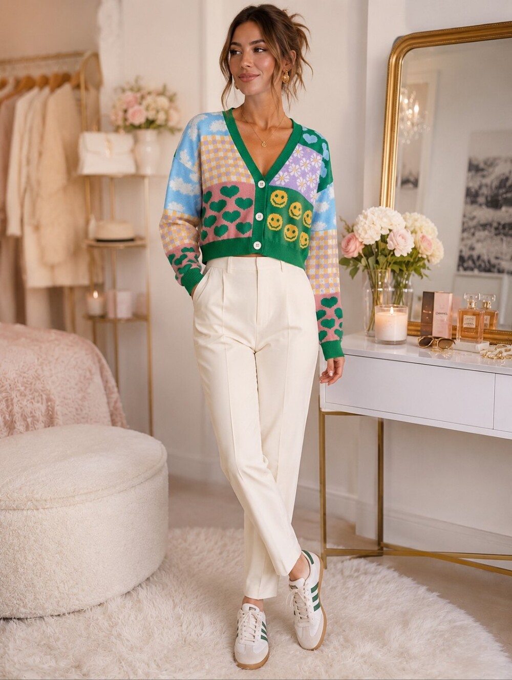 Emerald Green Happy Face Patchwork Cardi Sweater| M/L | Daisy Heart Graphic EUC